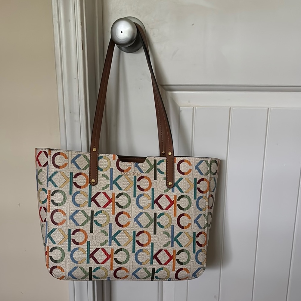 Calvin Klein Multicolor Logo Canvas Tote with Brown Straps